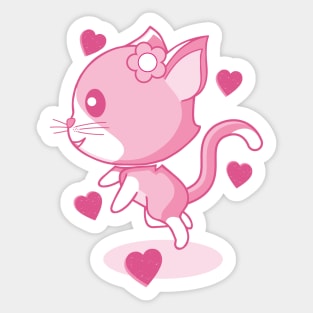 Pink kitten and hearts. Sticker